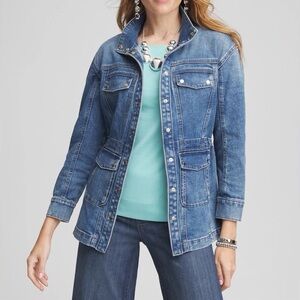 Chicos Jacket Womens 2 Large Denim Utility Jacket Stretch Blue Casual